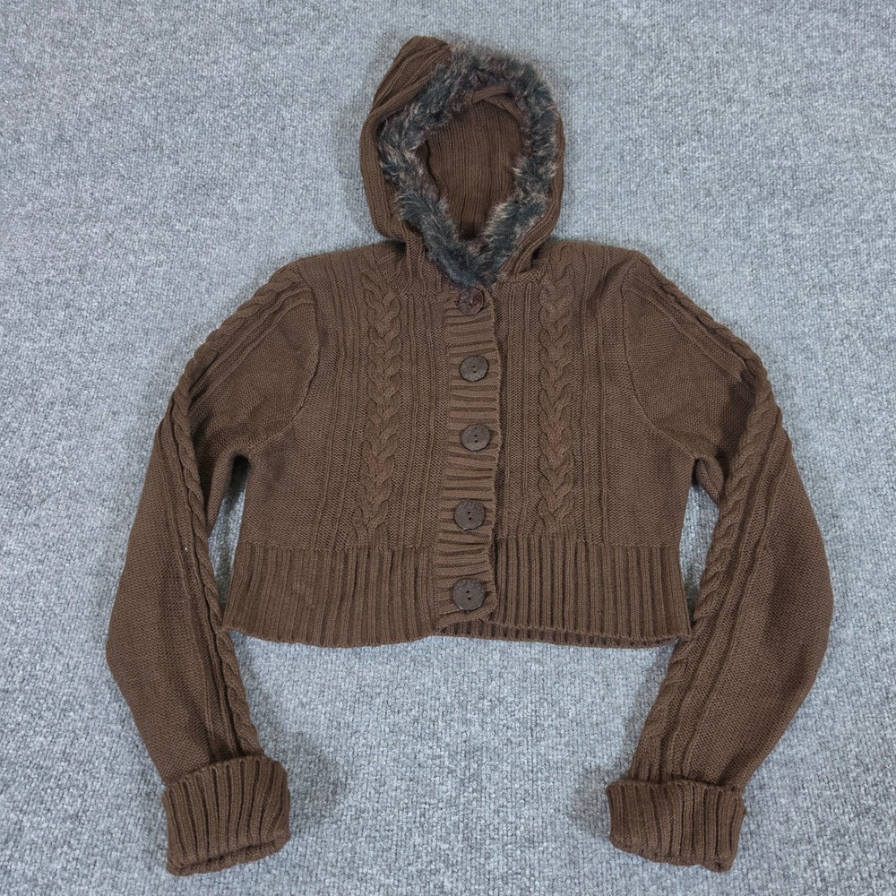 Y2K Spunky Women XL Brown Cable Knit Cropped Cardigan Faux Fur Hooded Sweater
